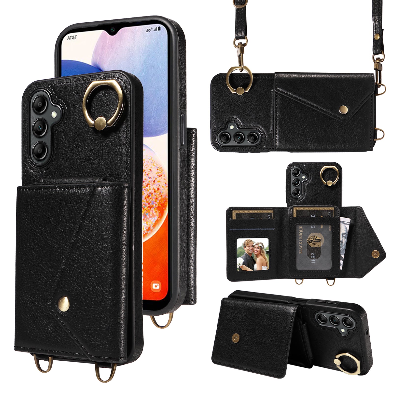002 For Samsung Galaxy A14 4G 5G Card Bag Ring Kickstand Cover Litchi Texture Leather Coated TPU Phone Case with Shoulder Strap 002 For Samsung Galaxy A14 4G 5G Card Bag Ring Kickstand Cover Litchi Texture Leather Coated TPU Phone Case with Shoulder Strap